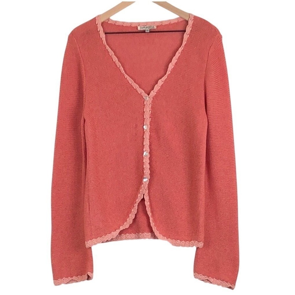NWOT INDIGENOUS Organic Cotton Crochet Trim Cardigan Sz S Coral‎ Sweater V-Neck